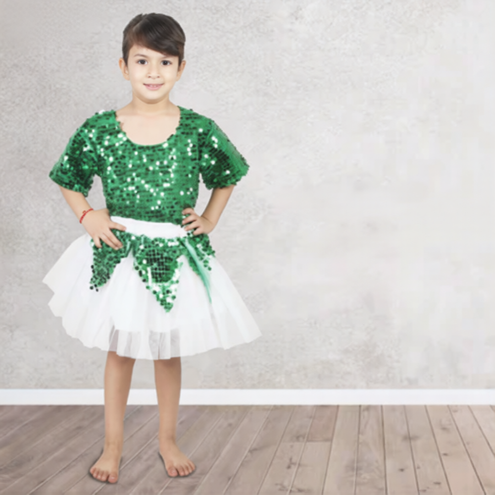 Green And White Western Dress For Girls