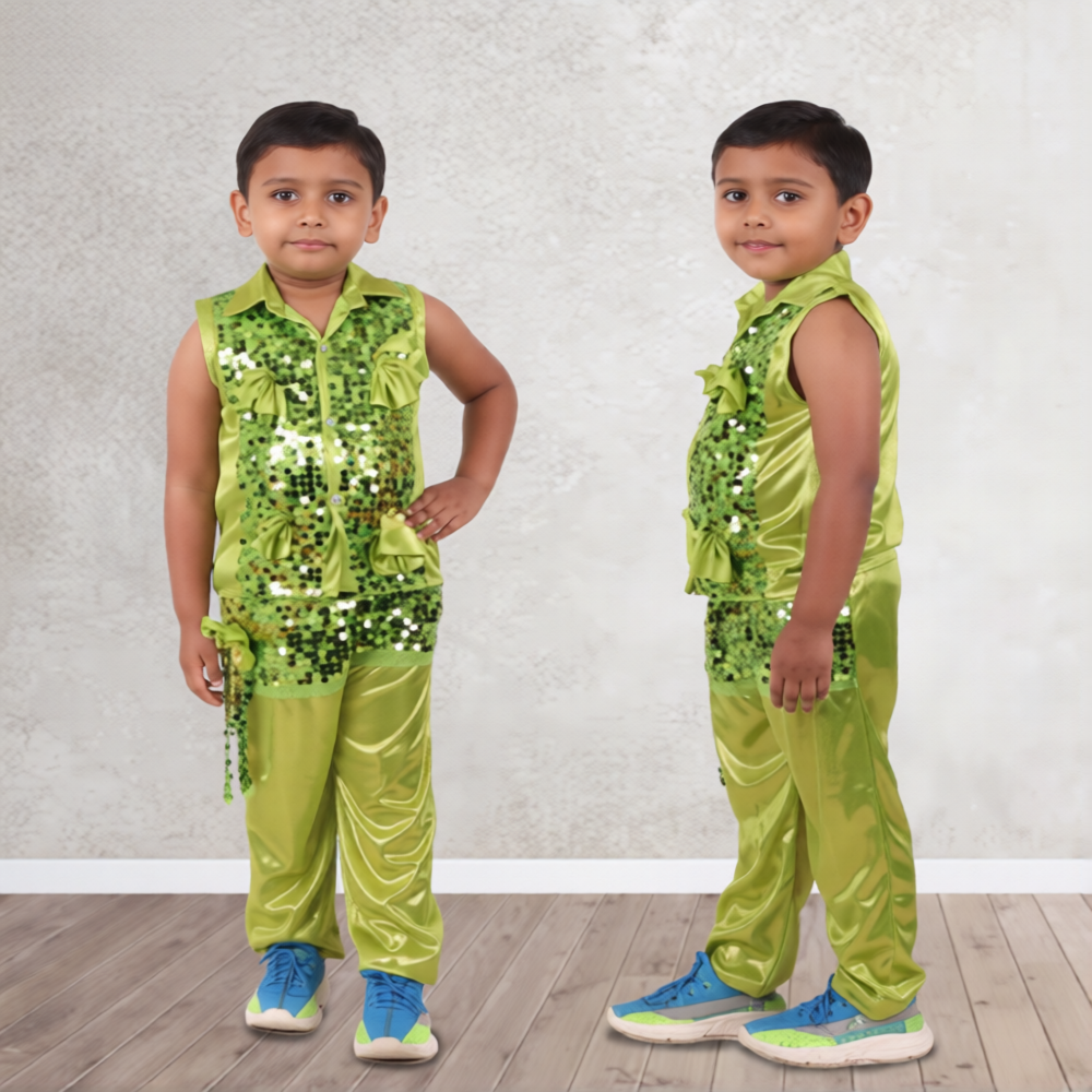 Western Boy Shirt and Full Pant Set - Green Sequence