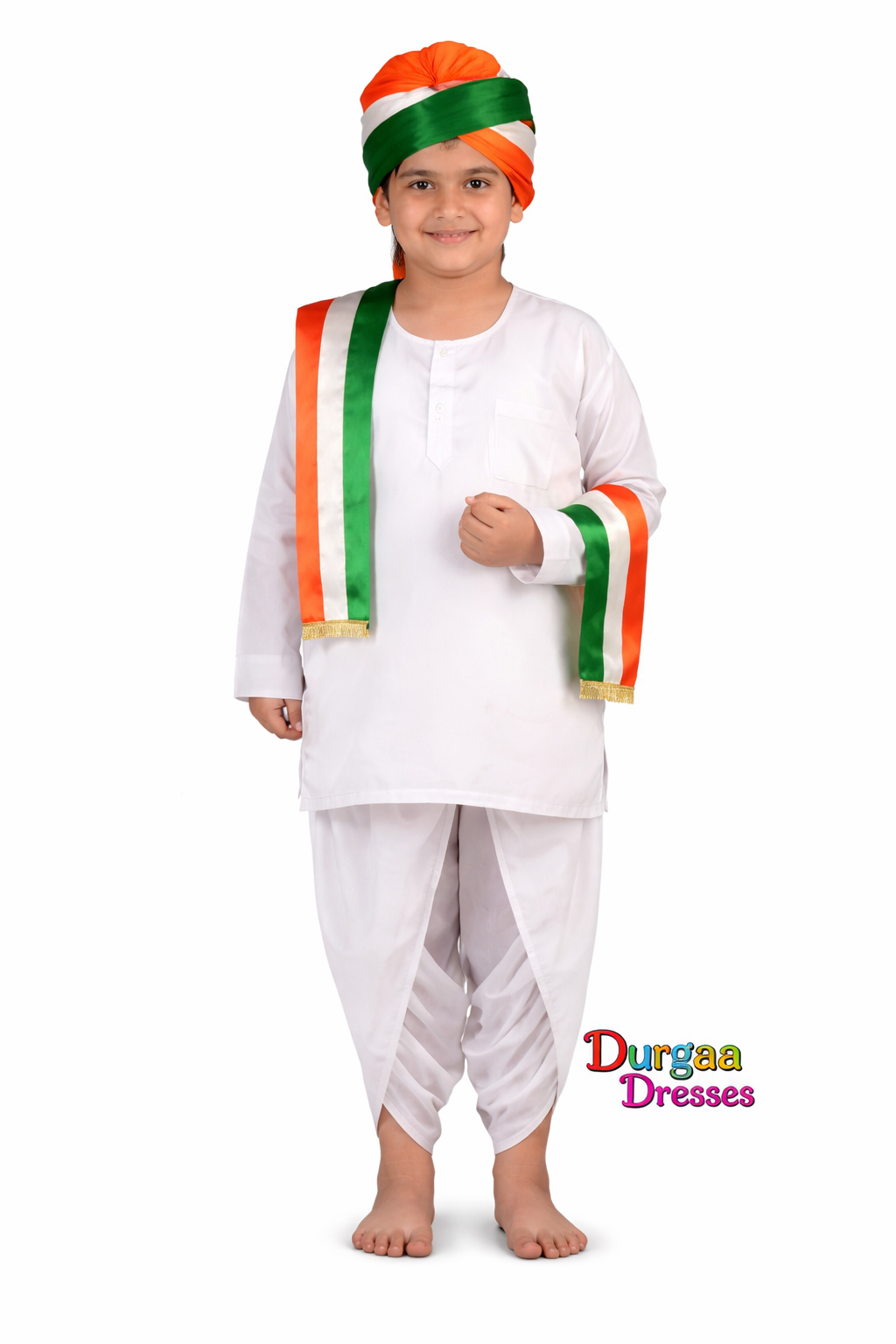 White Dhoti Kurta Set Chairman Silk Fancy Dress Costume for Kids School Function Delhi Mukherjee Nagar
