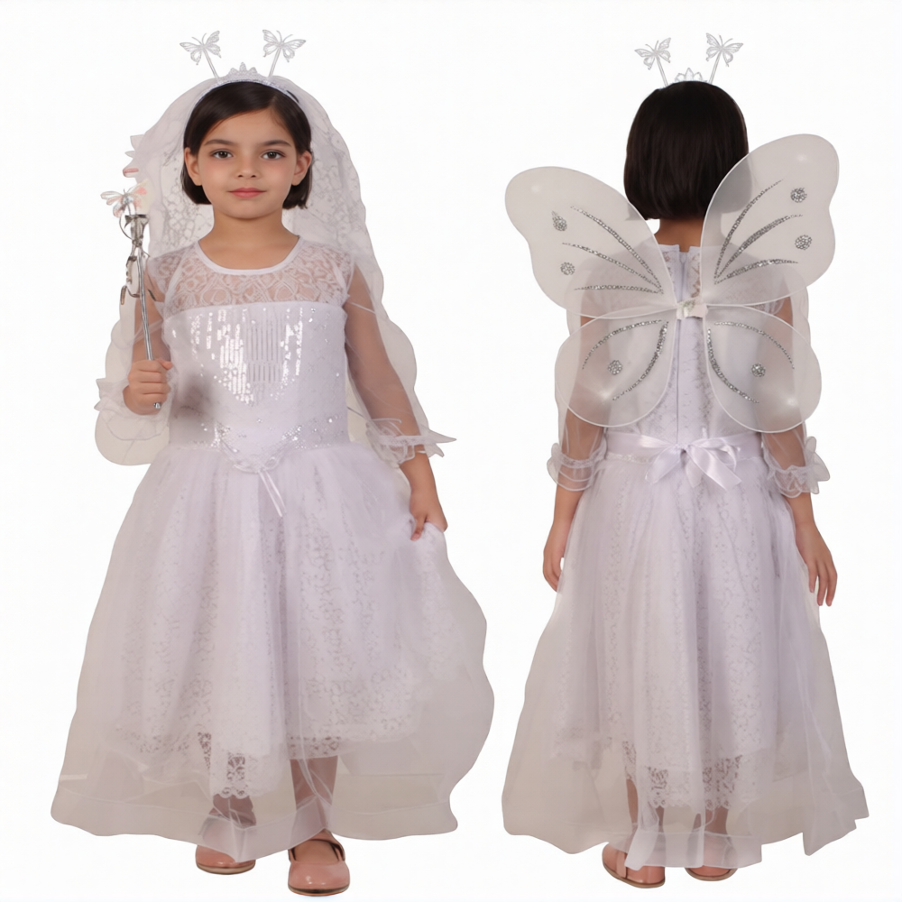 Fairy / Pari Frock Dress with Wings, Hairband, Fairy Stick - White