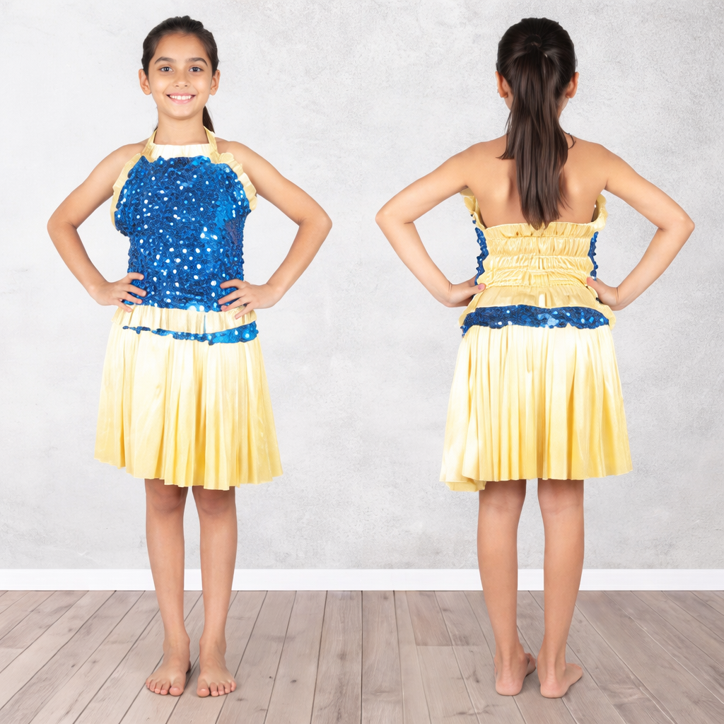 Golden Western with Firozi/Golden Sequence for Girls - Top & Skirt