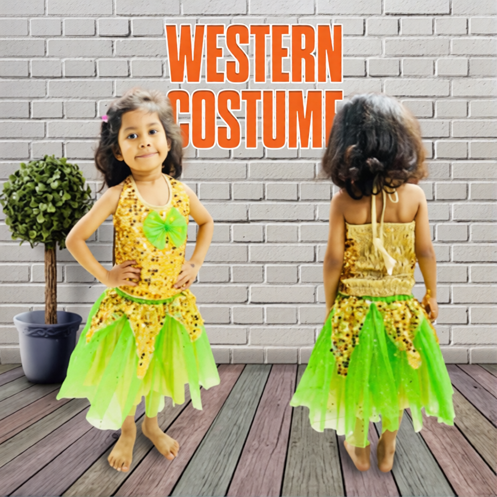 Western Green Golden Top Skirt Set for Girls
