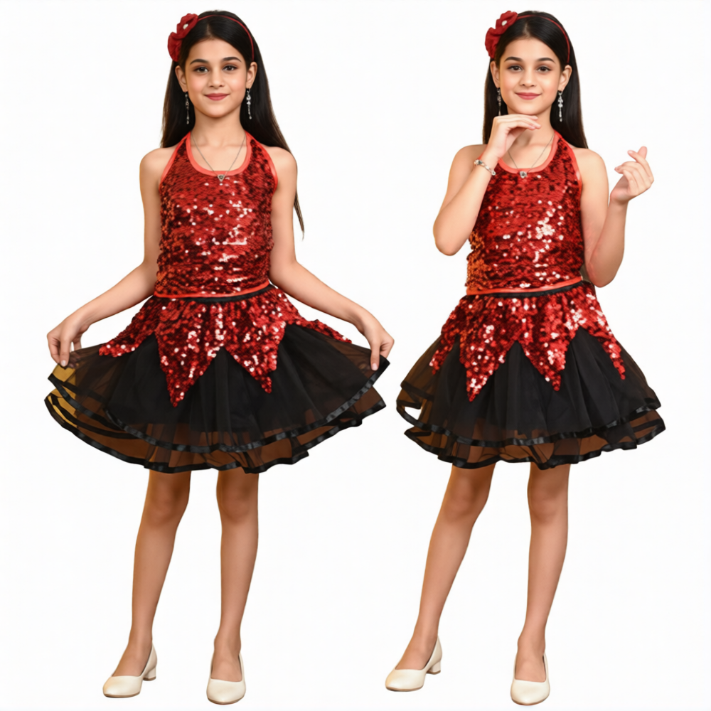 Red Sequence Top and Black Skirt Set for Girl Western Dress