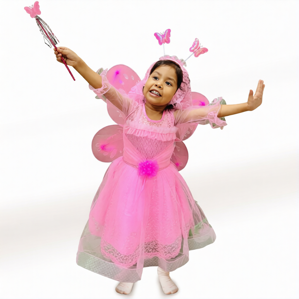 Fairy / Pari Frock Dress with Wings, Hairband, Fairy Stick - Pink