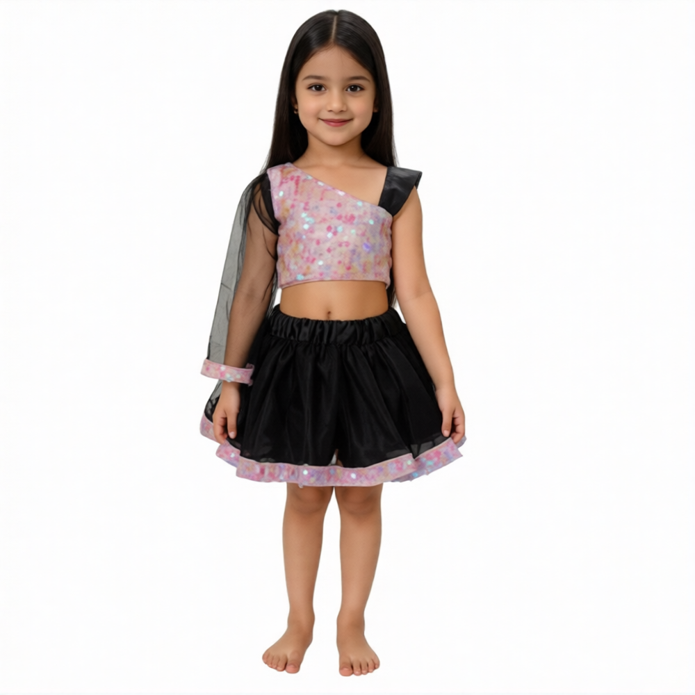 Rainbow Latkan Top And Black Skirt For Girls
