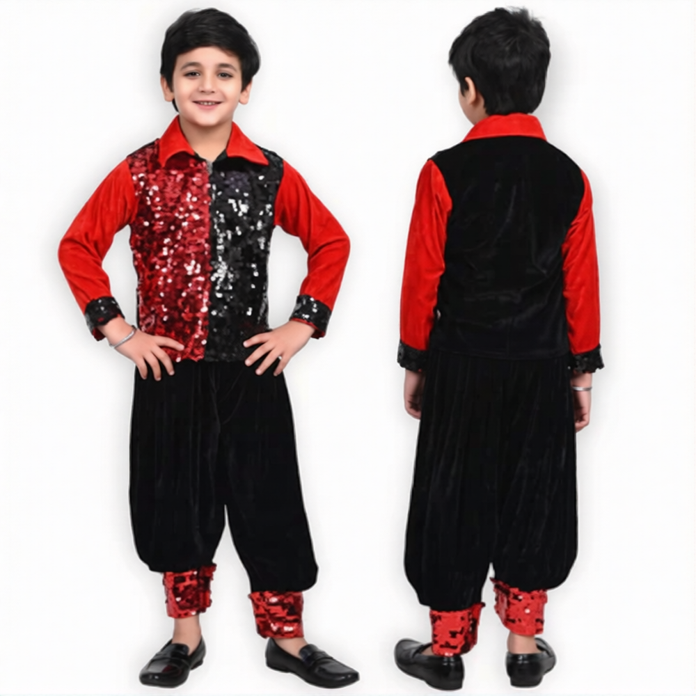 Red Sequence Shirt and Black Harem Set for Boys Western Dress