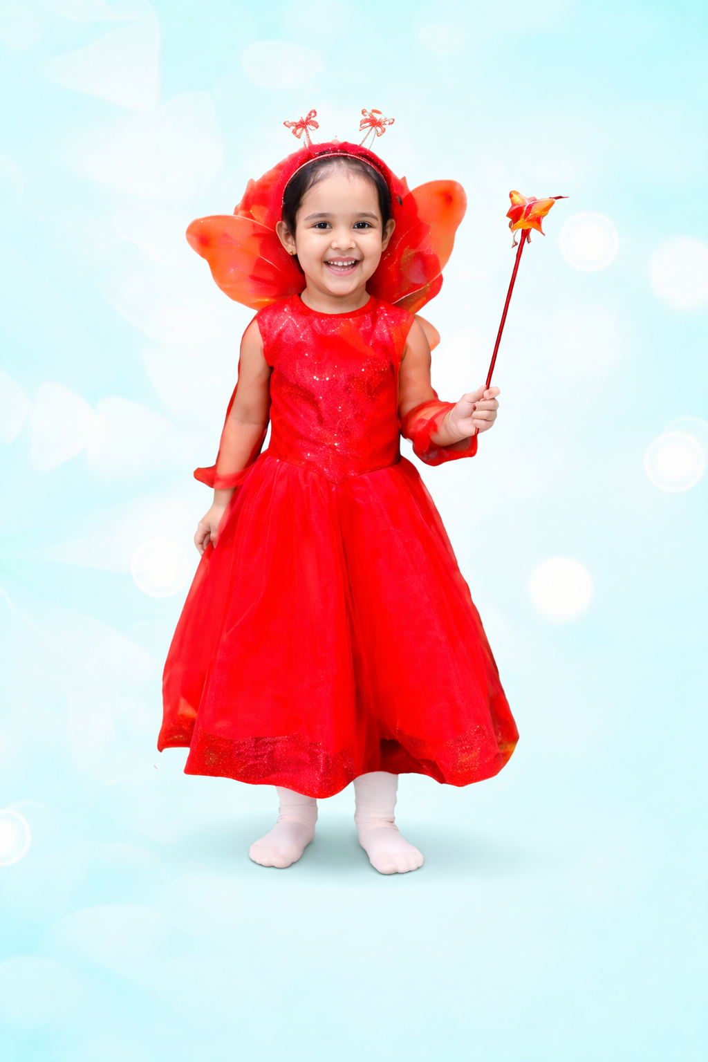 Fairy / Pari Frock Dress with Wings, Hairband, Fairy Stick - Red