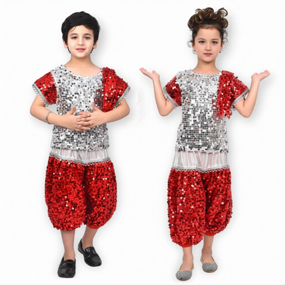 Red & Silver Sequence Western Set For Kids