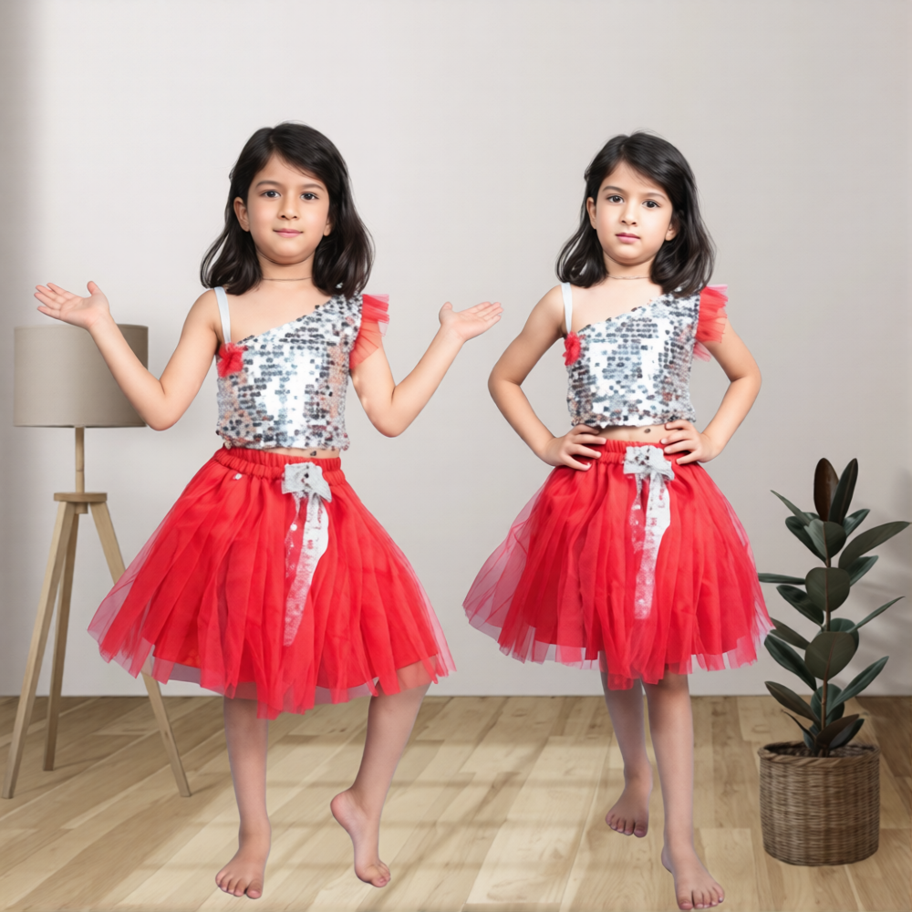 Silver Sequence Top and Red Skirt for Girls