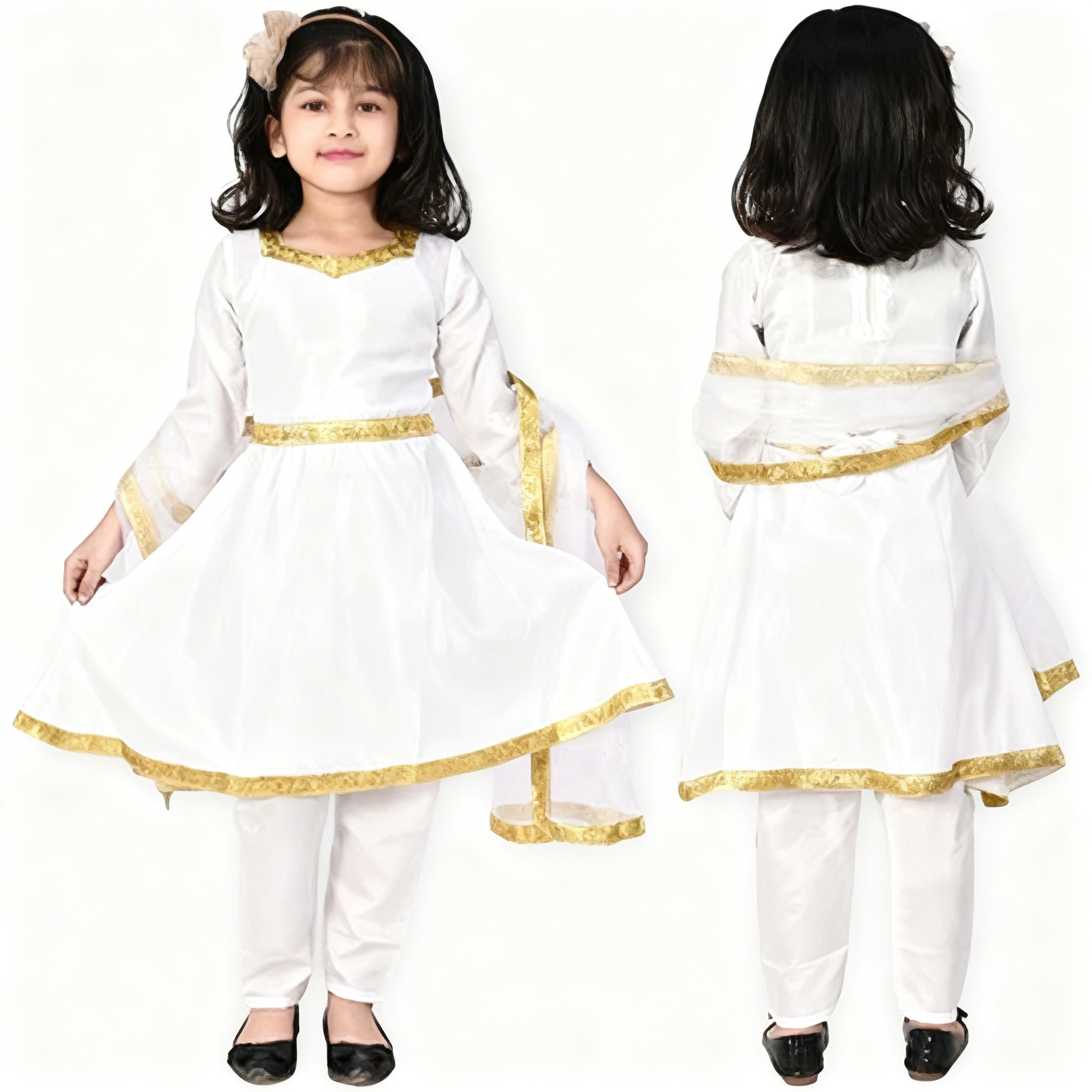 White Anarkali Golden Border with White Pajami and Dupatta Set Classical Dance Costume Delhi Mukherjee Nagar